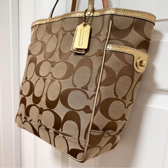 Coach Signature Canvas Vintage Tote Gold Snakeskin Embossed Leather - Picture 4 of 14